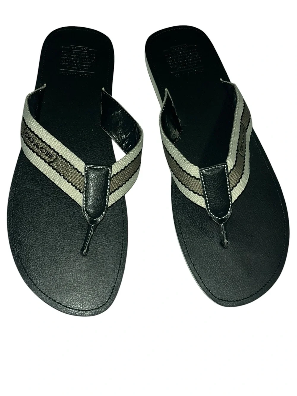 Coach Men's Black Flip Flops with khaki and black Stripe Webbing